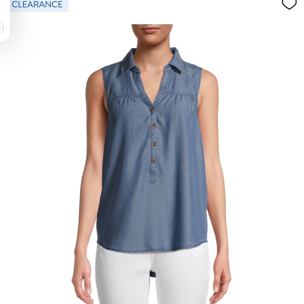 Time & Tru S Dotted Chambray Sleeveless Flowy Shirt Top Collared Buttoned